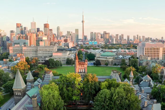 Overhead shot of University of Toronto, with CN Tower in background