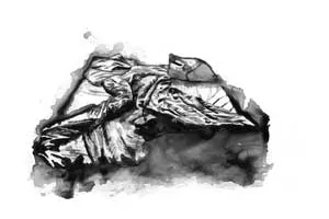 Black and white watercolour image of an unmade bed with crumpled sheets
