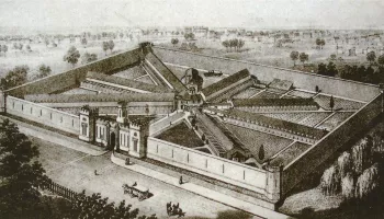 Lithograph showing aerial perspective of Eastern State Penitentiary