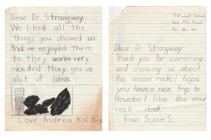 Fan mail from children to David Strangway after he visited his daughter’s Toronto elementary school with samples of moon rocks and dust (photo courtesy of Susan Strangway)