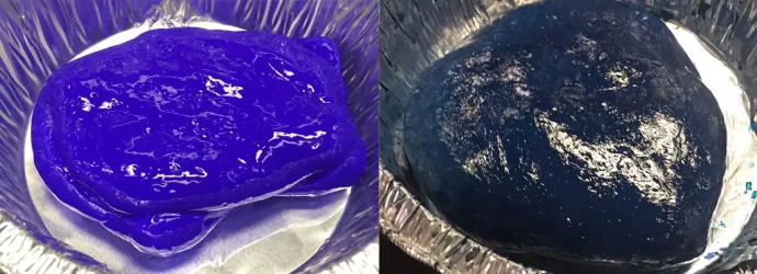 Photos of two blobs of slime, one purple, one blue