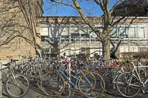 Photo of bicycles parked in front of a school. (photo by Laura Pedersen)