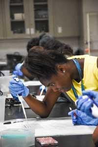 A teen girl performs an experiment in a science lab.
