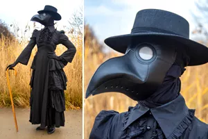Madeleine Mant in period costume with plague mask
