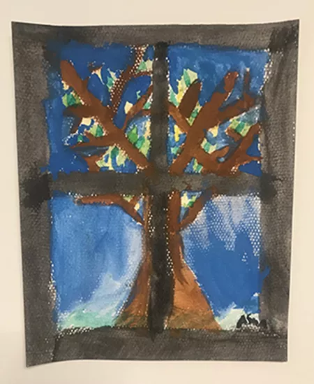 Painting of tree seen through window