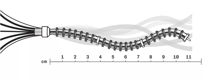 Illustration of a curving robot tendon comprised of equally-distanced discs with a thread running down the middle and along the sides. Bottom of illustration has measurements for scale from 1 to 11cm. Robot runs the length of the measurement 