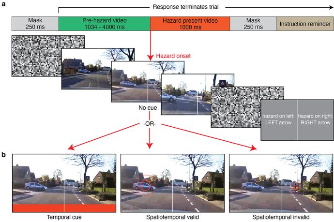 Series of images of cues and length of time to react. First image shows temporal cue, red bar on bottom of screen as car pulls out of driver on left. Second photo shows Spatiotemporal valid, red circle over car pulling out of driveway on left, final photo is spatiotemporal invalid with a red circle on a bicycle to the right going same direction of car while car pulling out of driveway on left has no indicator over it.