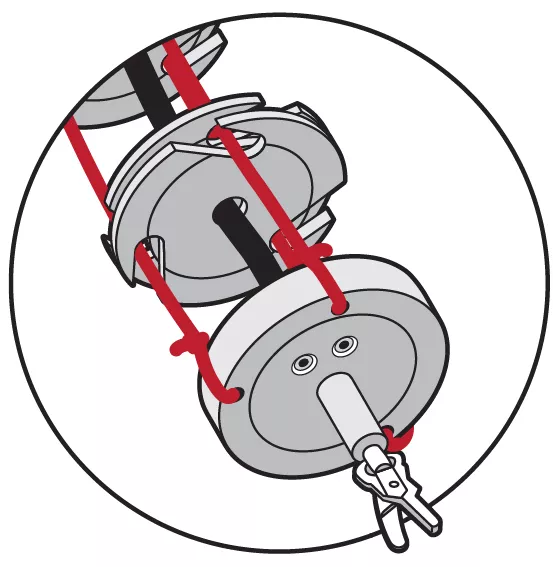 Illustration of end of robot, showing three equally-distanced disks connected by red threads. On the last disc is a cylindrical protrusion with little scissors at the tip.