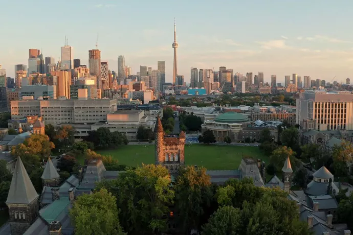 Overhead image of St. George campus at sunset, CN tower in background