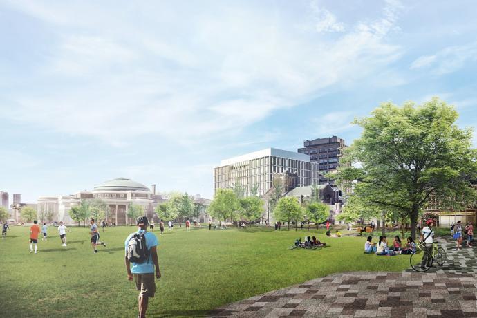 Rendering of large grassy area, people sitting and playing on it, with convocation hall in the background