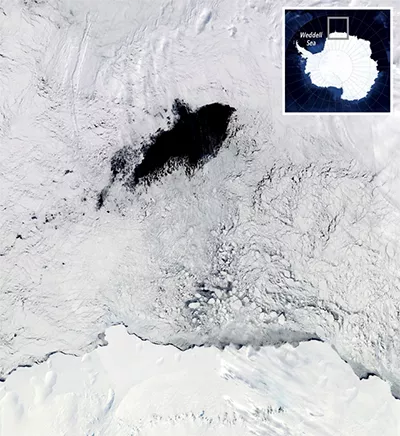 The hole in the sea ice offshore of the Antarctic coast as seen by a NASA satellite on Sept. 25, 2017