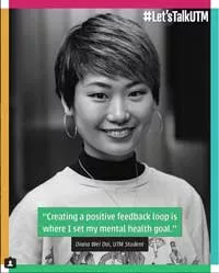 Image of a woman with text reading "Creating a positive feedback loop is where I set my mental health goal."