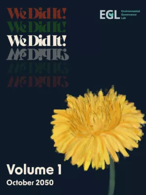 Cover of magazine, black background, hand drawn yellow flower in the bottom right corner. Text along the top left reads We did it! Text on bottom left reads Volume 1 October 2050