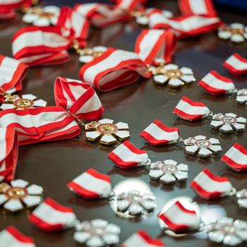 Row of medals on black table. Medals include a ribbon on top that has a thinner red stripe on either side of a wide white strip in the middle. The medal has six points.