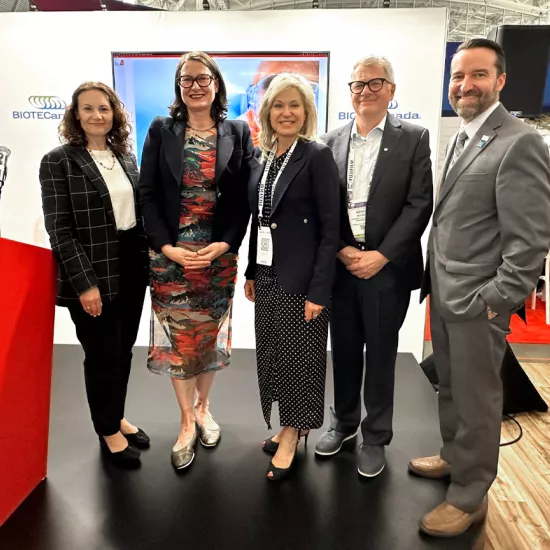Group photo of Christina Kakaflikas, Director, Mississauga’s Economic Development Office; Alexandra Gillespie, Vice-President and Principal, UTM; Mayor Bonnie Crombie; Kent Moore, Vice-Principal, Research, UTM; Jason Field, President, Life Sciences Ontario