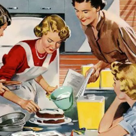 Illustration of four women dressed in 1950s attire making a cake