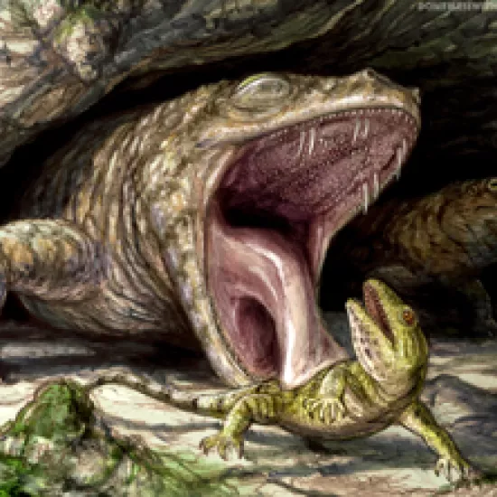 Larger dinosaur attacks smaller dinosaur in illustration