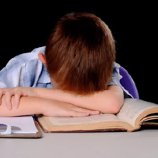 Child with head down on textbooks