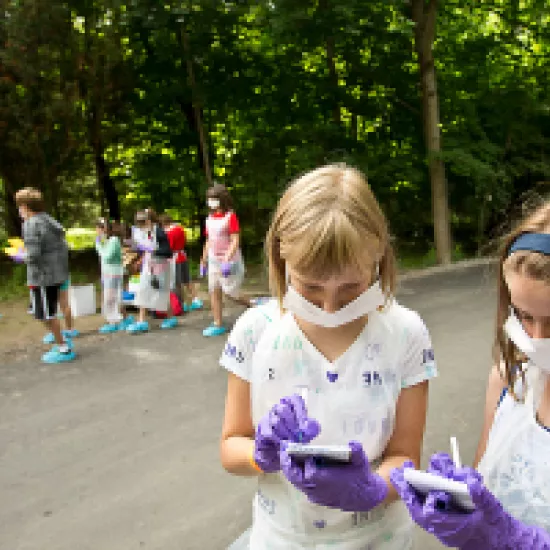 Children at wearing protective gloves and masks