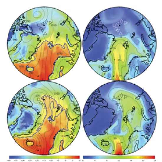 four circular images showing warming patterns at the North Pole