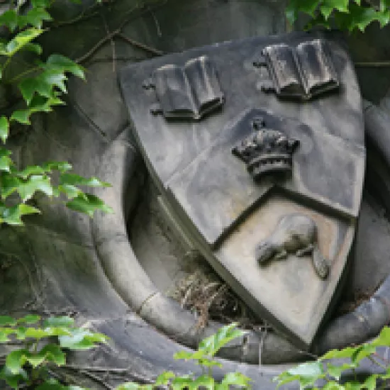 Stone crest on an ivy-covered wall