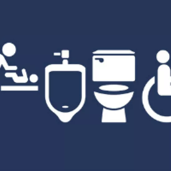 white washroom icons on a blue background