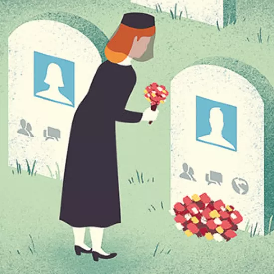 illustration of woman leaving flowers at a grave with a facebook avatar image on the tombstone
