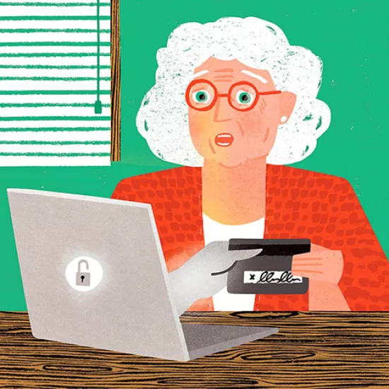 Illustration of older woman in front of laptop with her wallet