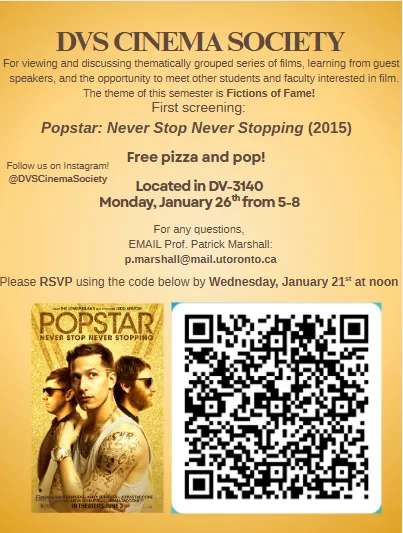 Poster with large QR code on right and film poster for Popstar: Never Stop Popping on the left