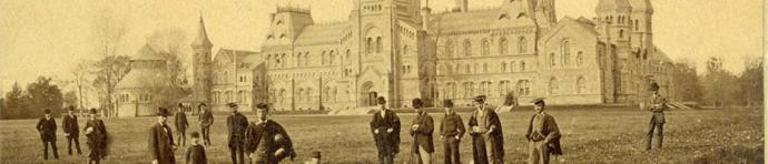 Men standing in front of University College circa 1880
