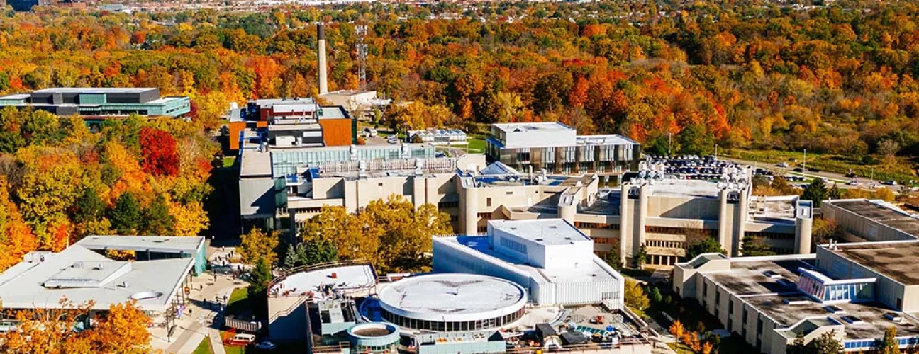 Aerial view of the entire UTM campus in the fall season
