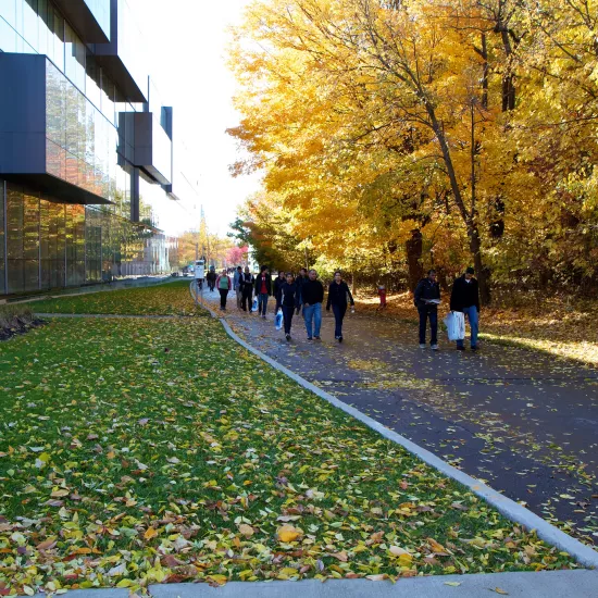 Students walking on pathway beside CCT building in the fall