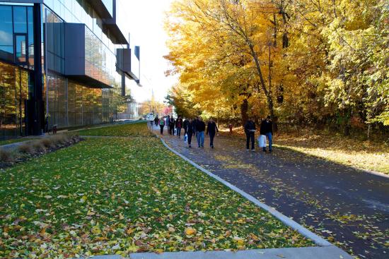 Students walking on pathway beside CCT building in the fall