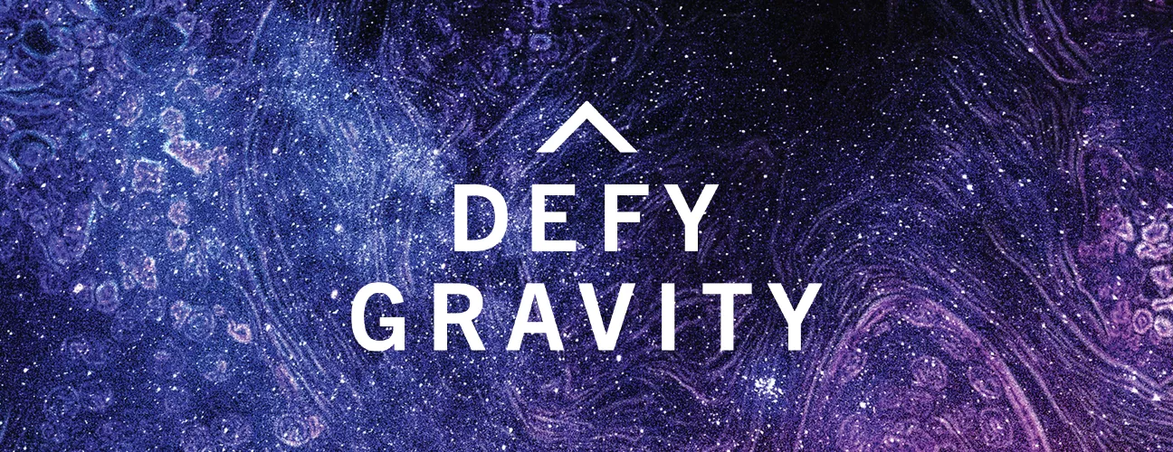 Defy Gravity logo over graphic background