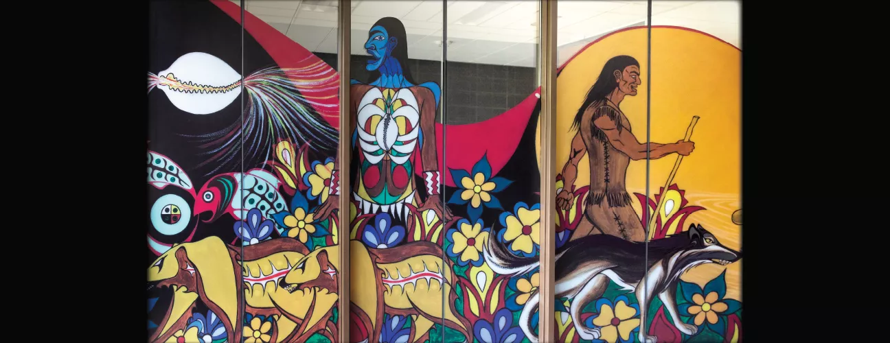 Kiinwin Dabaadjmowin mural on the Mississauga of the Credit First Nation office space at UTM