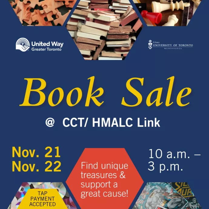 Poster for UTM United Way Book Sale. November 21 and 22, 2023 from 10am-3pm in the CCT Link. Blue poster with hexagonal images of books at the top and bottom.