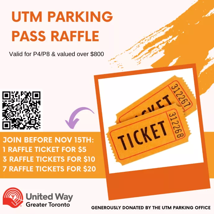 Orange poster with tearaway tickets shown. Parking pass is for P4/P8. Join before November 15th