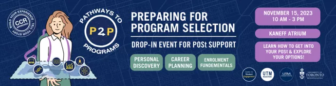 Preparing for Program Selection: Pathways to Programs - November 15, 2023. Learn how to get into your POSt and explore your options. Brought to you by the UTM Centre for Student Engagement, Office of the Registrar, and the Career Centre.