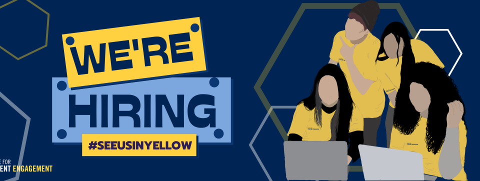 "We're hiring!" An illustration of 4 student staff wearing yellow CSE shirts, working on laptops.