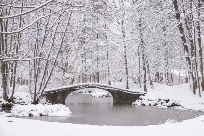 UTM's Watkins Pond Bridge, covered in winter snow