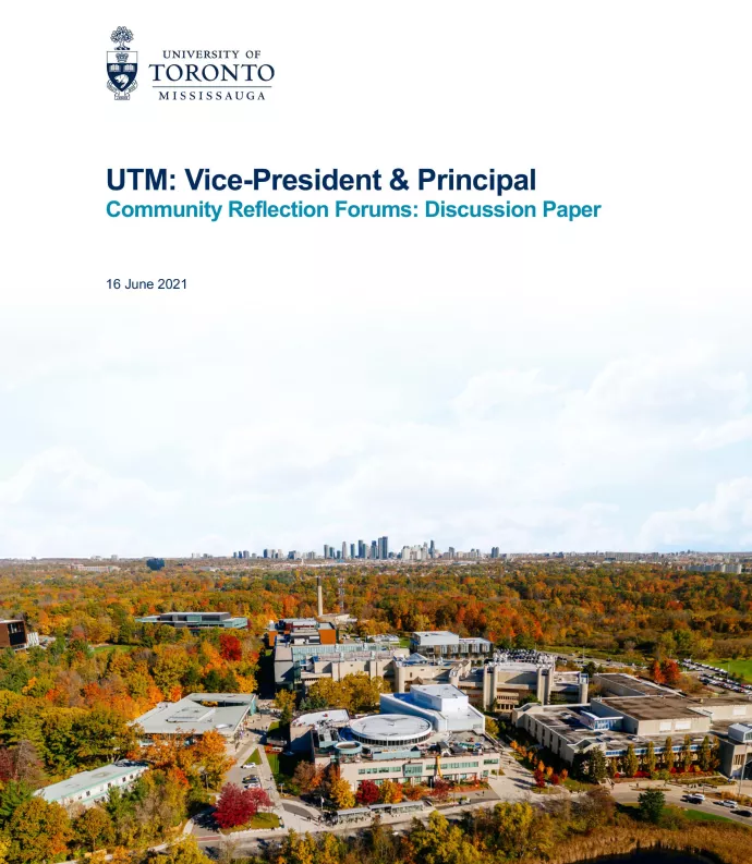 Cover of Discussion Paper, which includes an aerial view of the UTM campus and the downtown Toronto skyline in the distance