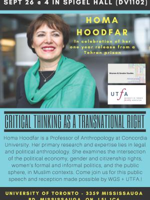 Photo of Event Poster for Homa Hoodfar public talk on September 26th at 4pm in Spigel Hall